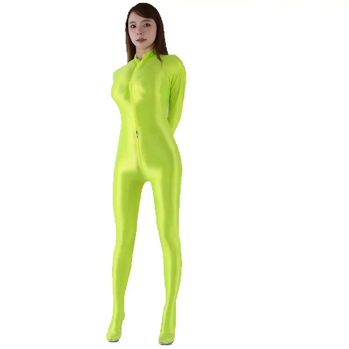 

know dream Oil shiny elastic glossy jumpsuit with super long invisible zipper and three pull head jumpsuit, camel toe wrap