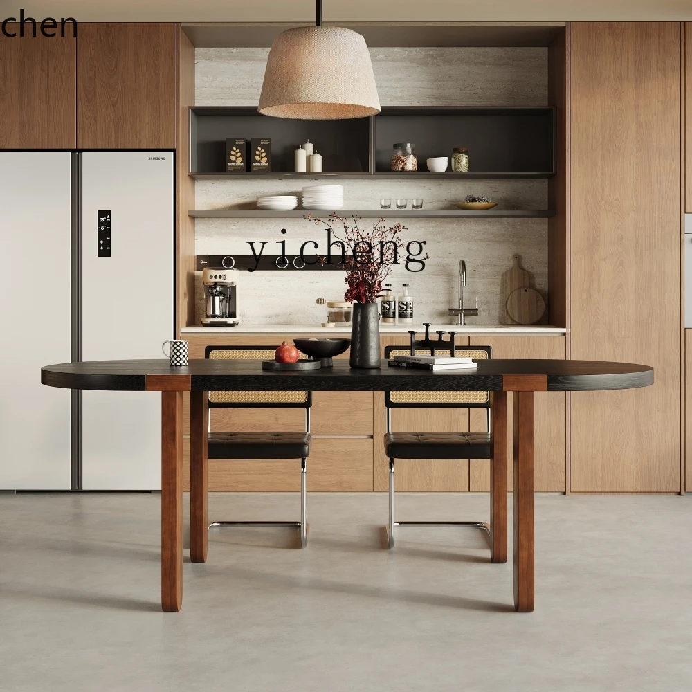 PYH antique solid wood dining table chair combination household French oval modern simple black rectangular table