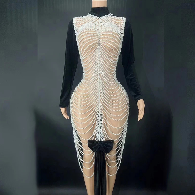

Rhinestone Women Sexy Black Velvet Pearls Chains Dress Singer Show Stage Wear Perfornance Costume