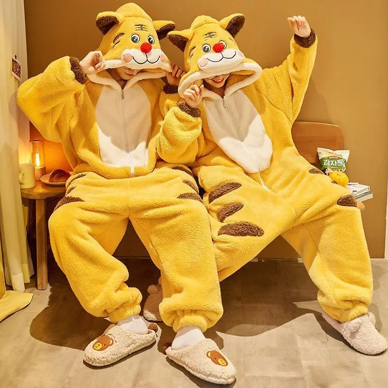 Cartoon Tiger Pajamas Long Sleeve Jumpsuit Animal Autumn Homewear Winter Sleepwear Cosplay Costume for Women and Men