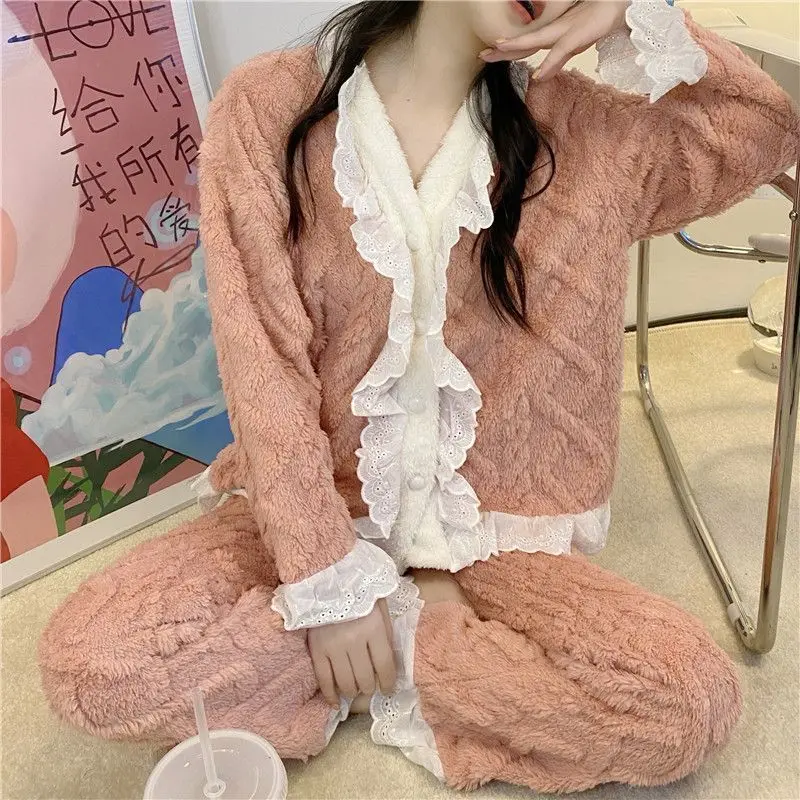 Spitze Frauen Pyjama Set Winter Nachtwäsche Fleece Samt 2 Stück Hose Home Anzug Schlaf flauschige koreanische feste Piiama warme Nachtwäsche