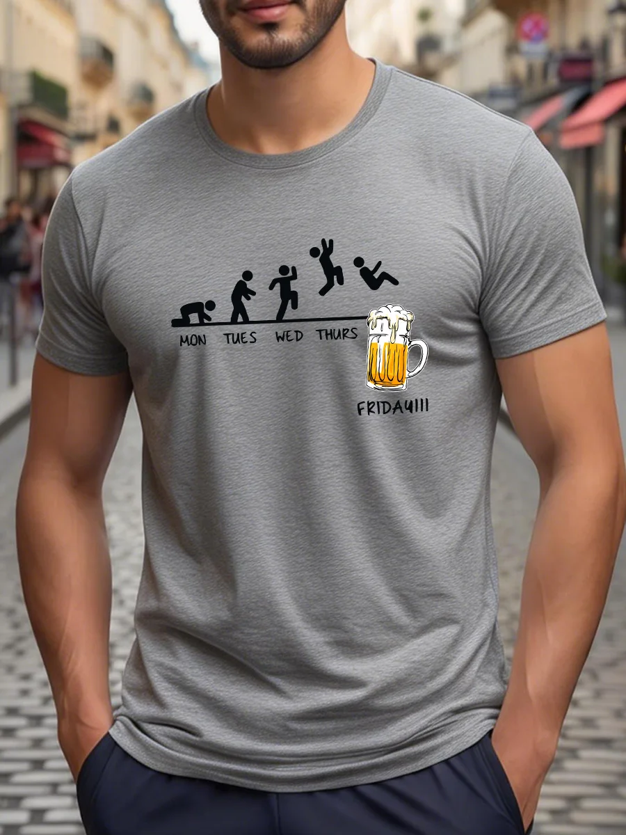 White Short Sleeve T-Shirt with Weekdays Evolution Graphic and Beer Mug Print for Friday Celebration