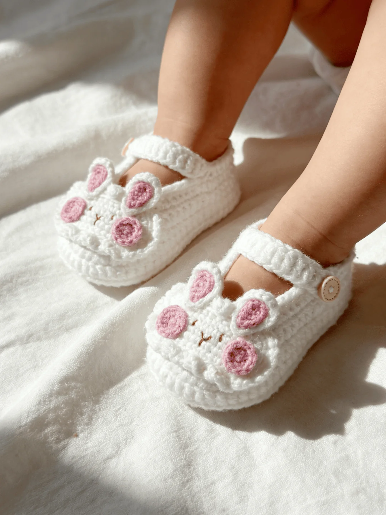 1 Pair Handmade Crochet Baby Booties, White with Pink Bunny Design, Newborn Infant Shoes