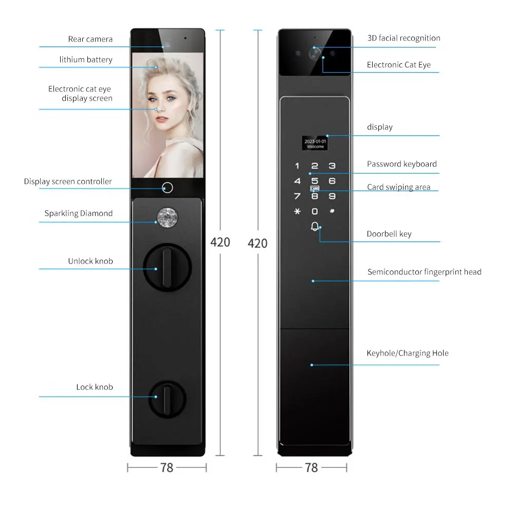 High-End Home Palm Vein J-link Wifi 3D Riconoscimento facciale Impronta digitale biometrica digitale Smart Door Lock Israel Lock Body Intercom