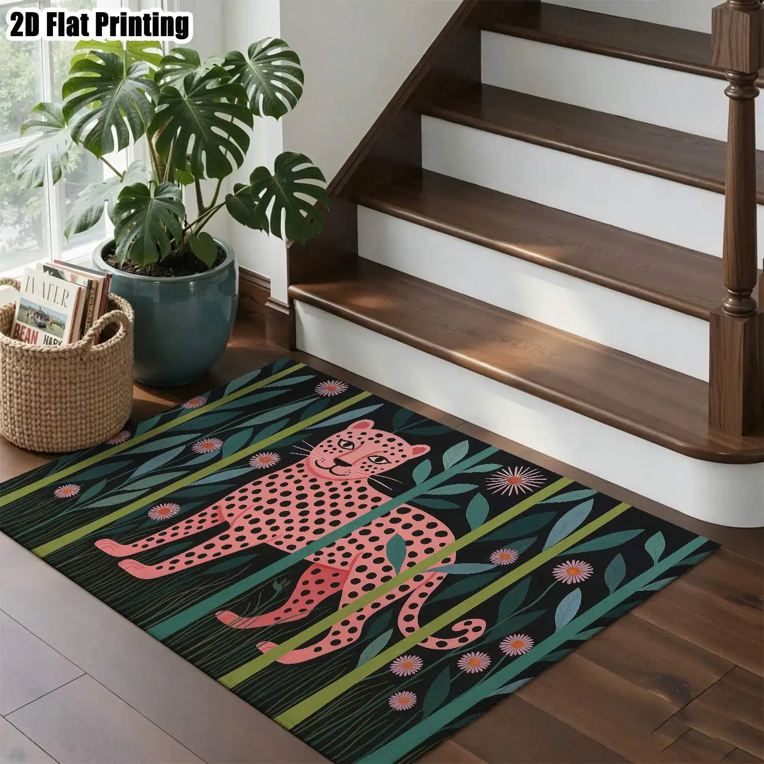 1Pc 2D Printed Pink Leopard Flower Nordic Carpet, Instagram-Inspired Modern Minimalist Geometric Striped Floor Mat, Machine-Washable Multi-Size Home Decor Mat for Entryway, Dining Room, Foyer, Bedroom, Living Room