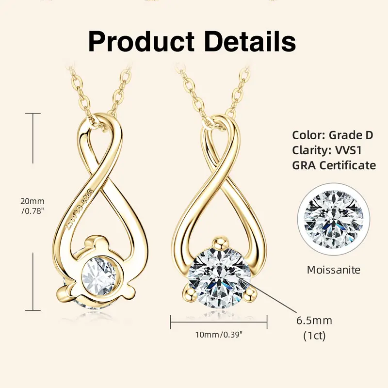IOGOU 1CT 6.5MM Moissanite Diamond Infinity Pendant Necklaces for Women Real Silver 925 Engagement Jewelry High Quality Necklace