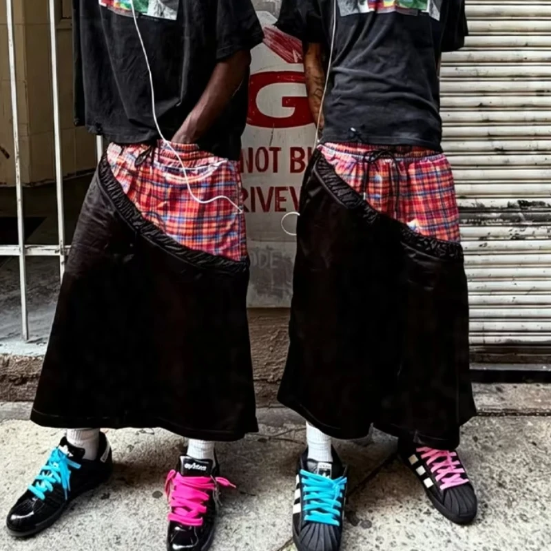 Y2K Contrast Plaid Stitching Five-point Short Hip Hop Rainbow Plaid Stitching Drawstring Elastic Waist Wide Leg High Street Pant