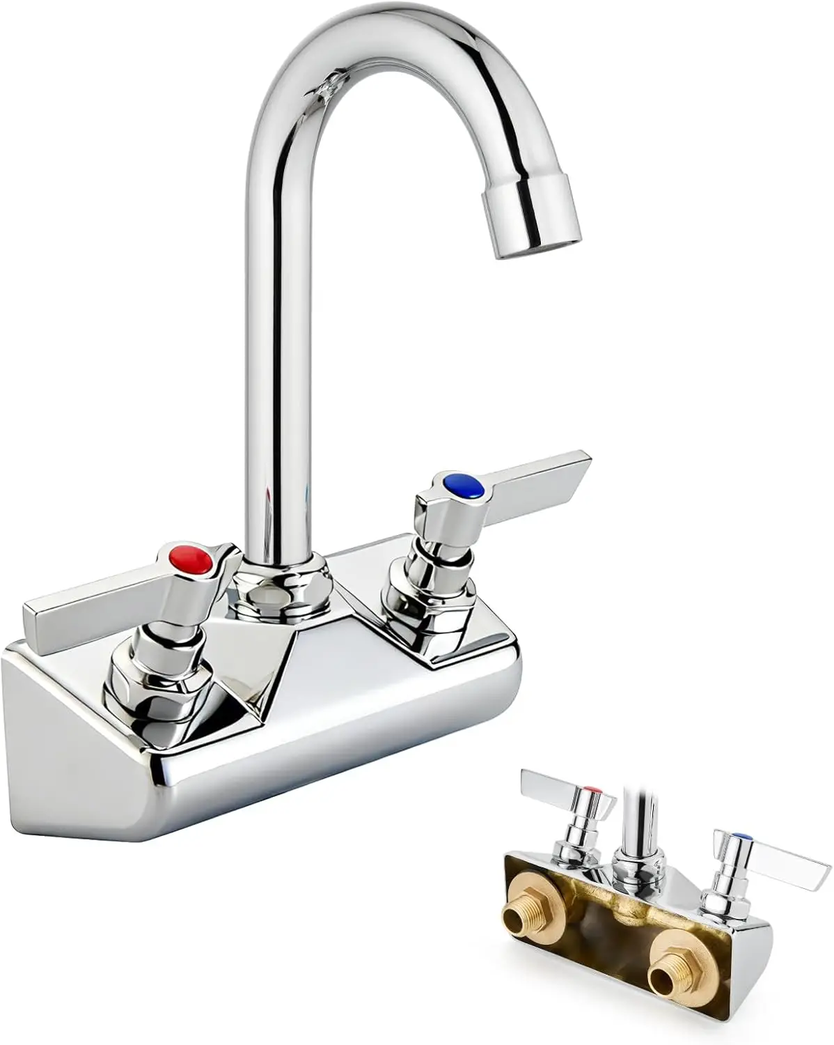 

Настенный смеситель для раковины, центральная, 4 фута, 2 ручки, латунь и хром, поворотный излив на гибкой стойке 3,5 дюйма