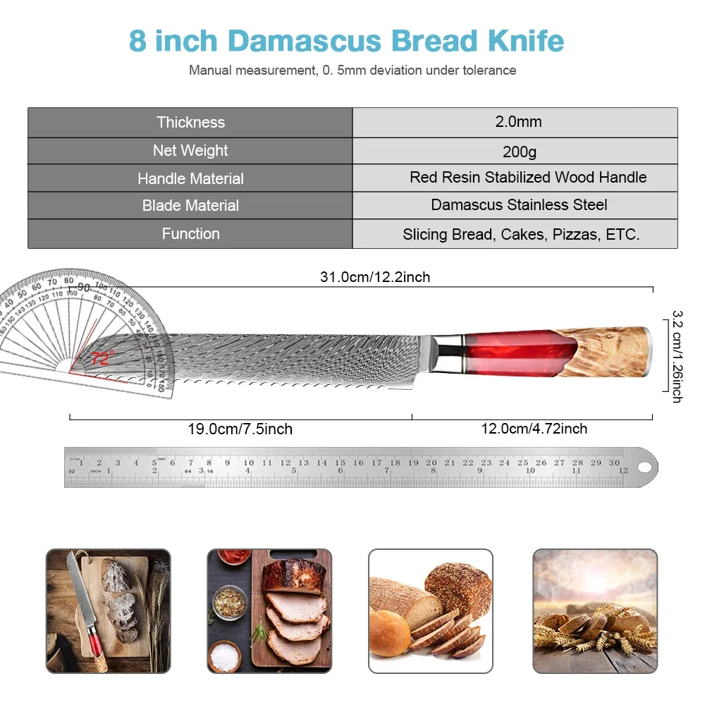 XITUO Bread Knife 8 Inch Professional 67 Layers Damascus Stainless Steel Ergonomic Pro Kitchen Knife Superb Edge Retention