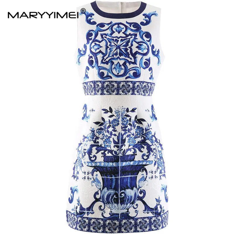 MARYYIMEI Fashion Runway Designer Women Jacquard Round Neck Sleeveless Yellow Printed High Street Elegant Mini Dresses