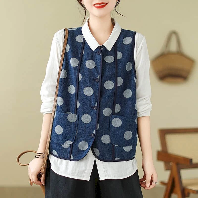 Denim Vest for Women O-neck Artistic Casual Sleeveless Cardigans Korean Style Waistcoats Dot Printed Vintage Loose Women Tops