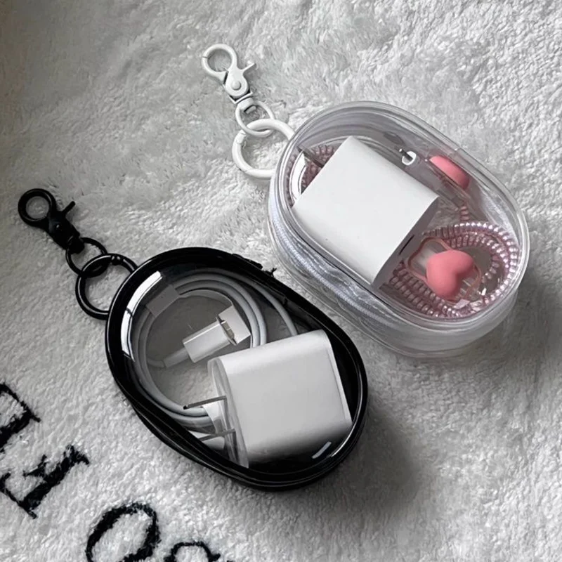 

Portable Mini Multi-function Earphone and Charger Storage Bag for Travel Clear Zipper Space Saving with Convenient Keychain Ring