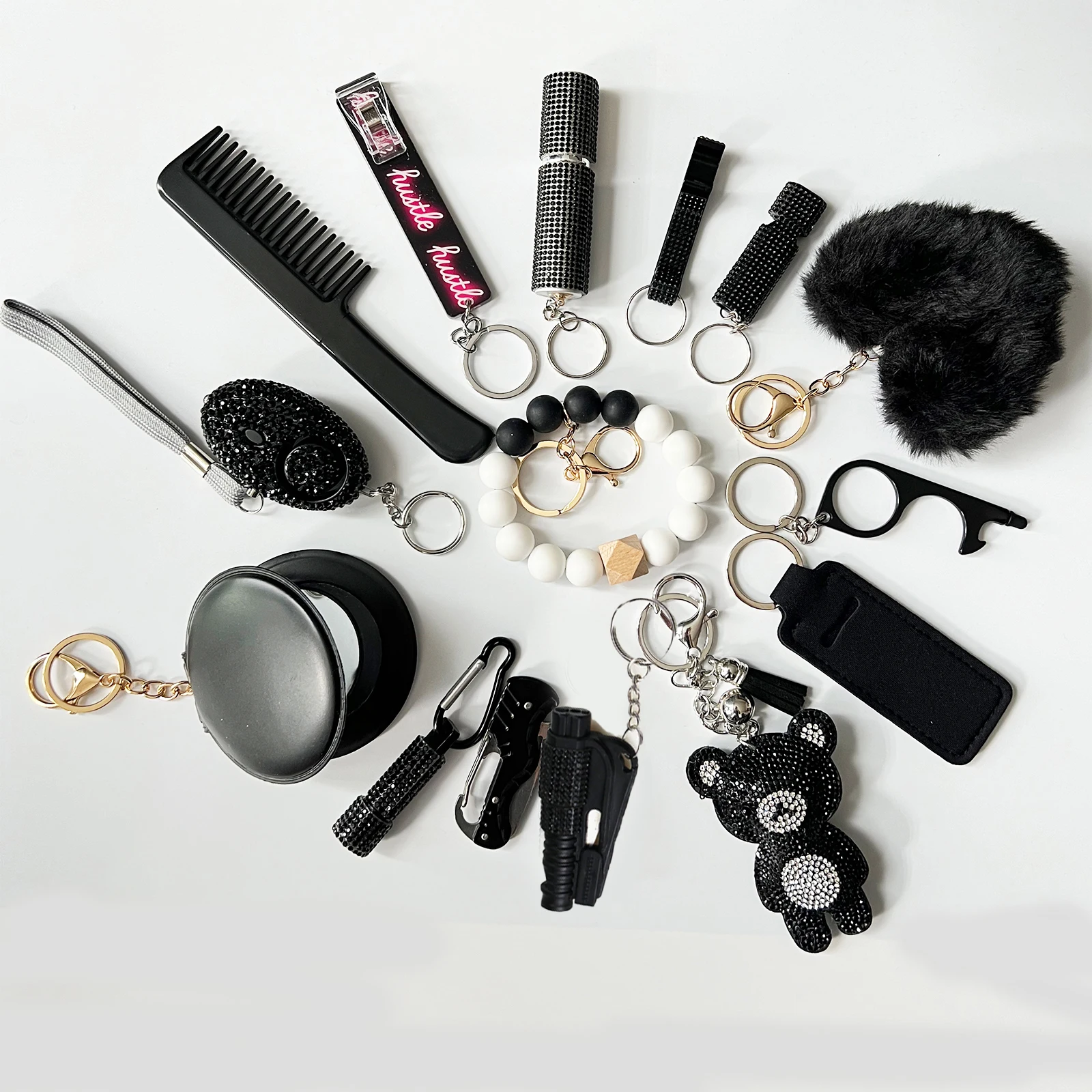 15Pcs/Set Rhinestone Self Defense Women Keychains Personal Safety Multifunction Protection Keychains With Alarm Mirror Pompoms