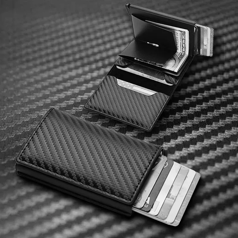 Fashion Men Wallet Holder PU Purse Carbon Fiber Anti-theft Credit Card Package Metal Cards Box image 5
