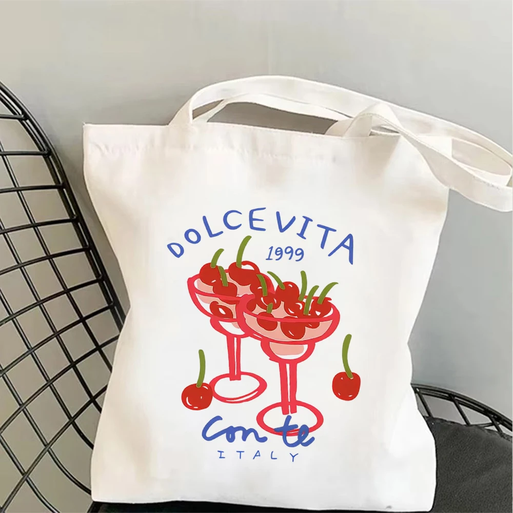 

Vintage Italy Dolce Vita Canvas Tote Bag Cute Cherry Dessert Shoulder Handbag Large Capacity Casual Eco Reusable Shopper Bags