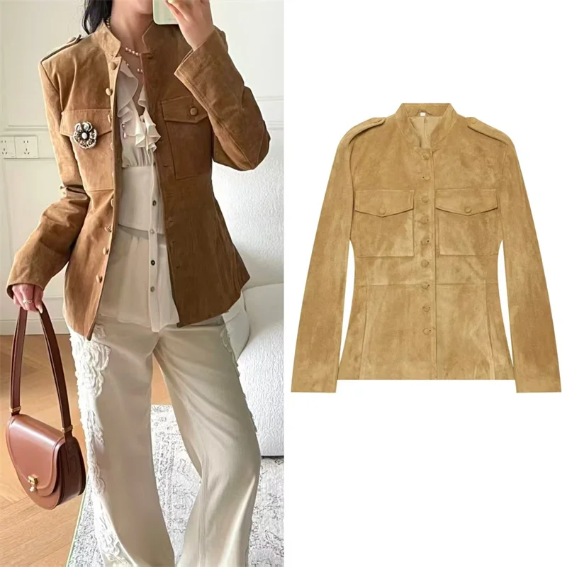 Guobioziy 2026 Fall New Arrival Women's Jacket Camel Long Sleeve Button-Decorated Slim Fit Parka Jacket Trendy and Stylish