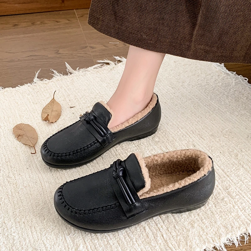 Zapatos planos peludos de piel para mujer, mocasines cálidos de algodón, informales, cómodos, de felpa, para el hogar, invierno, 41