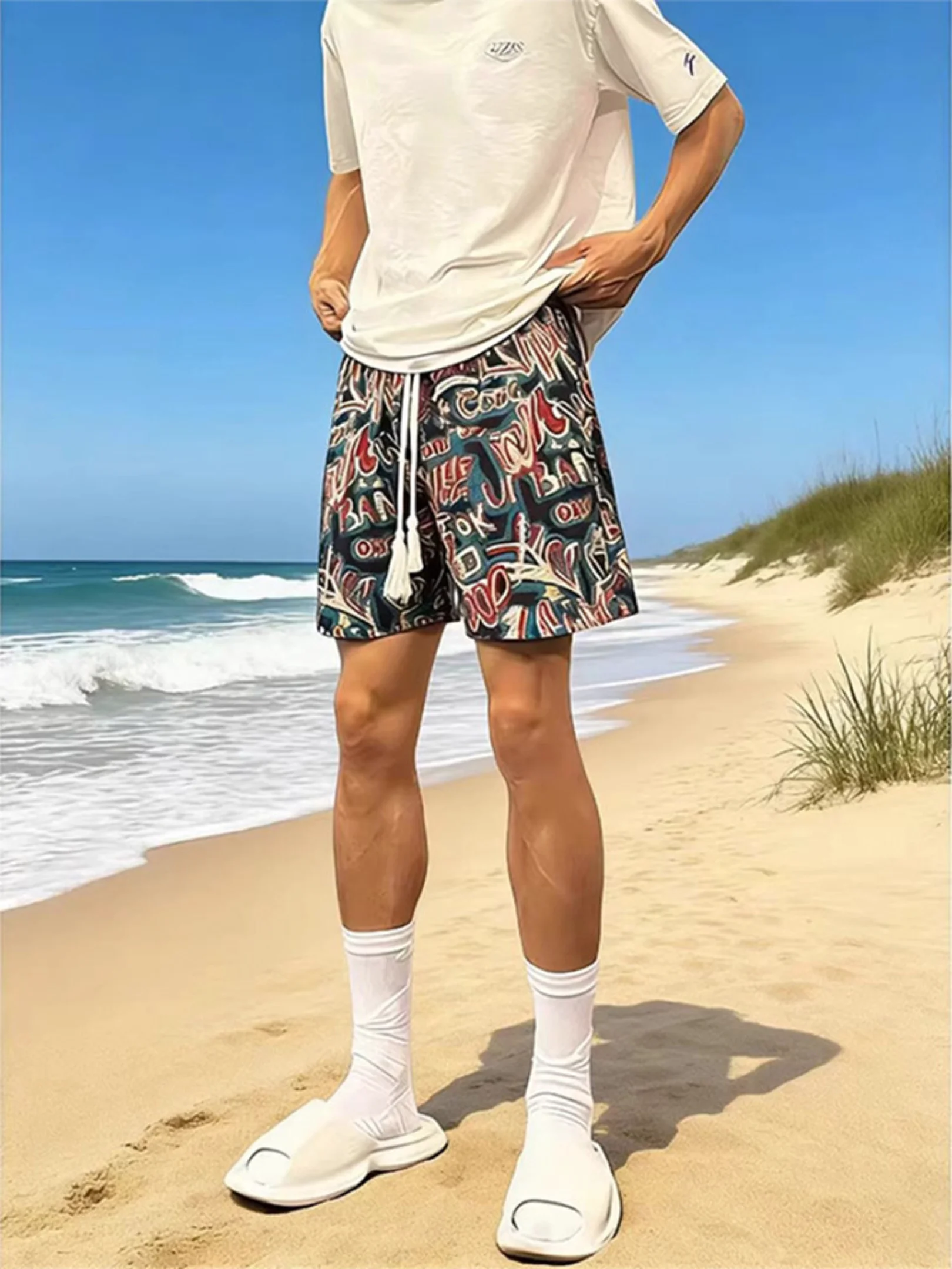 

Мужские пляжные шорты Hawaii Graffiti: летние, повседневные, свободные, спортивные, дышащие, удобные, длиной до колена