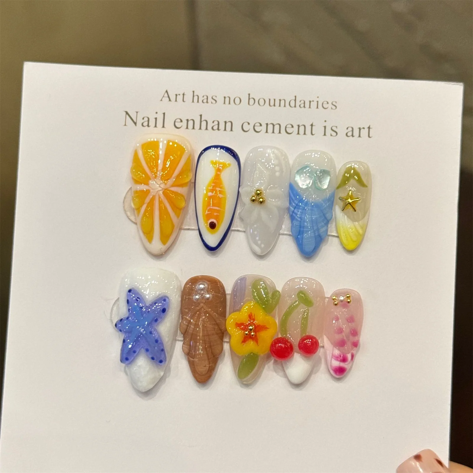 

10pcs Handmade Almond Press on Nails 3D Orange Flower Decor Fake Nails Wearable Embossed Gradient Glitter French False Nail Tips