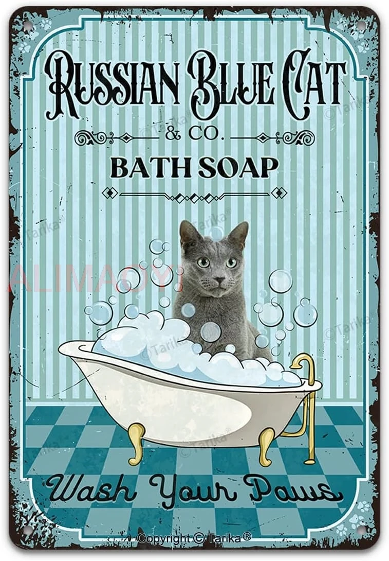 Russian Blue Cat & Co. Bath Soap Wash Your Paws Vintage Metal Tin Sign Funny Lovely Kitten Pet Art Printing Poster Bathro