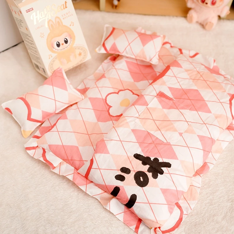 Joli sac de couchage Double, ensemble de literie avec deux oreillers pour poupée idole en coton et poupée Labubu de 17cm, maison de jeu, jouets, accessoires