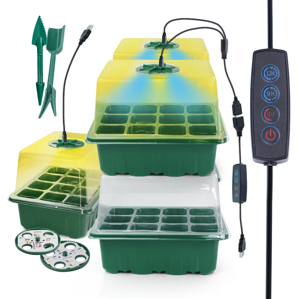 Macetas LED para vivero con luz de cultivo, bandejas de inicio de semillas de plantas, lámpara de cultivo de invernadero para el hogar, controlador de Kit de temporizador de caja de plántulas de 12 celdas