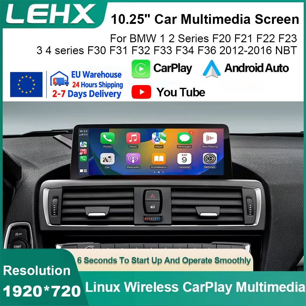 LEHX, schermo touchscreen multimediale da 10,25 pollici con Carplay wireless per BMW Serie 1/2/3/4 (modelli F20/F21/F22/F30/F31/F33/F34/F36), sistema Android Auto NBT, Linux.