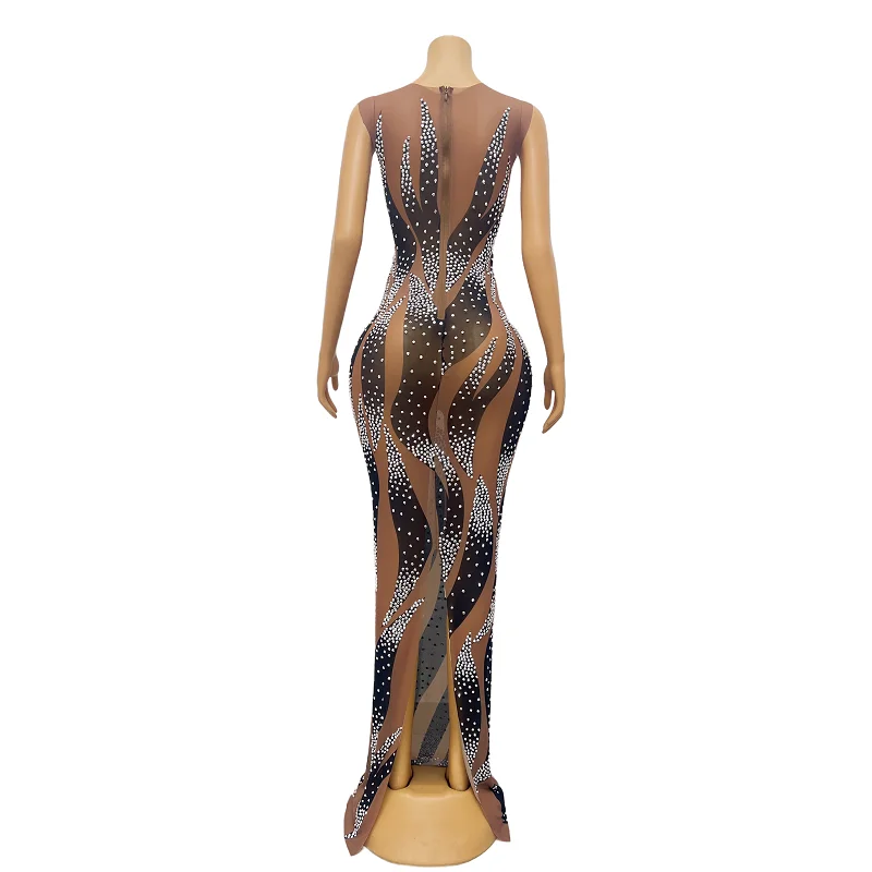 반짝이는 실버 블랙 라인스톤 시스루 메쉬 롱 드레스 여성 모델 가수 연예인 캣워크 생일 공연 의상