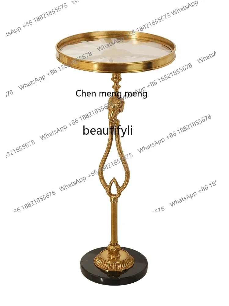French retro light luxury all-copper sheep's head leisure balcony small round table art glass edge table