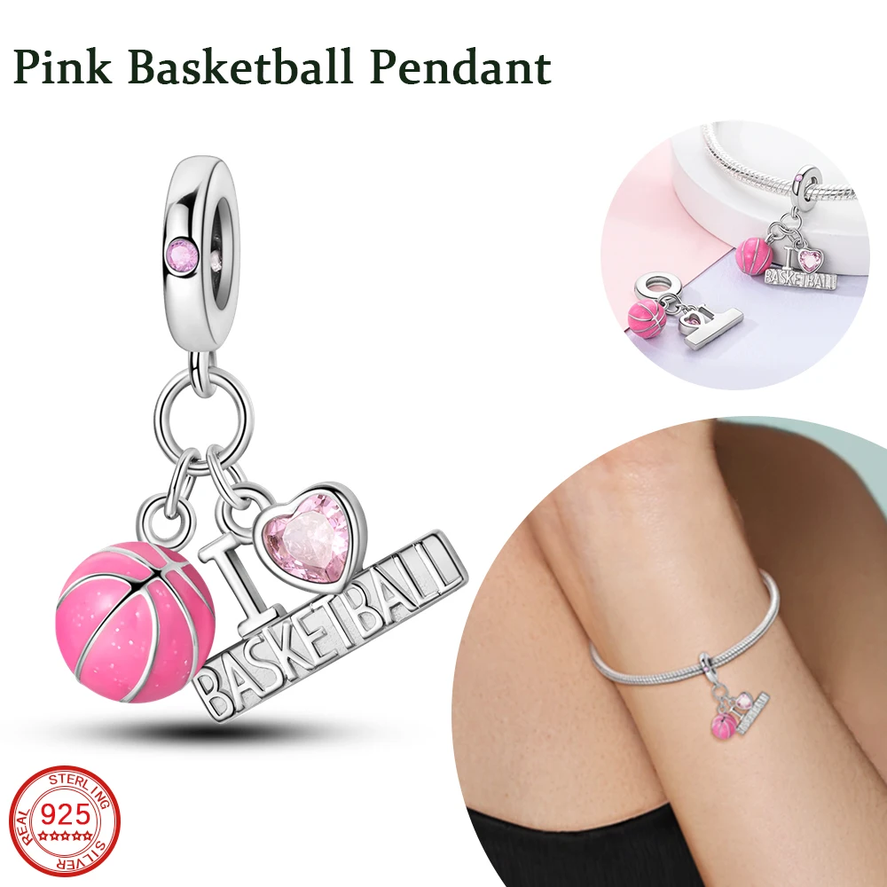 New Cute 925 Sterling Silver Pink Basketball Heart Charm Beads Charms Fit DIY Bracelets and Necklaces Dangle Pendants Fine Jewel