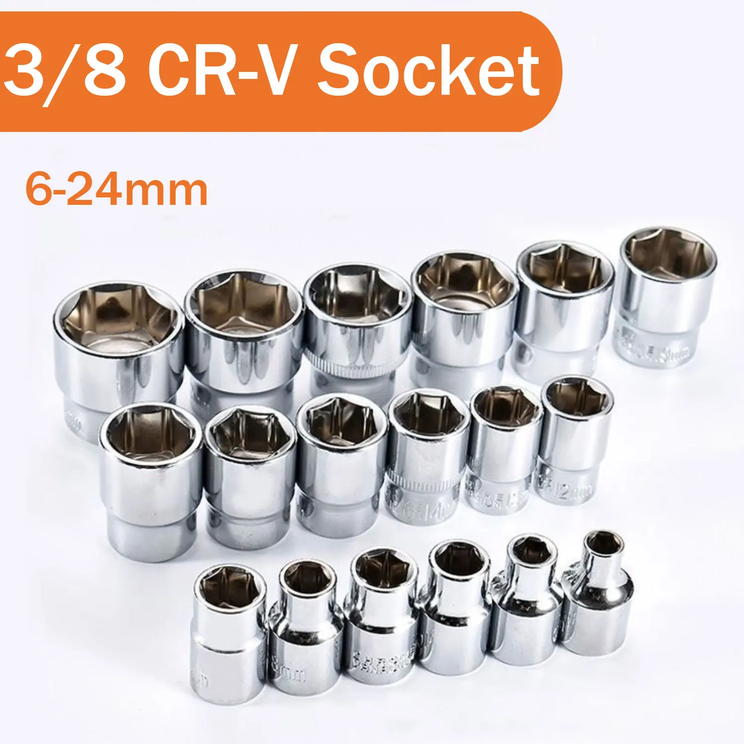 Soquete Sextavado Curto Polido CRV 3/8 (6-24mm) para Manutenção Doméstica/Profissional e Reparo Automotivo