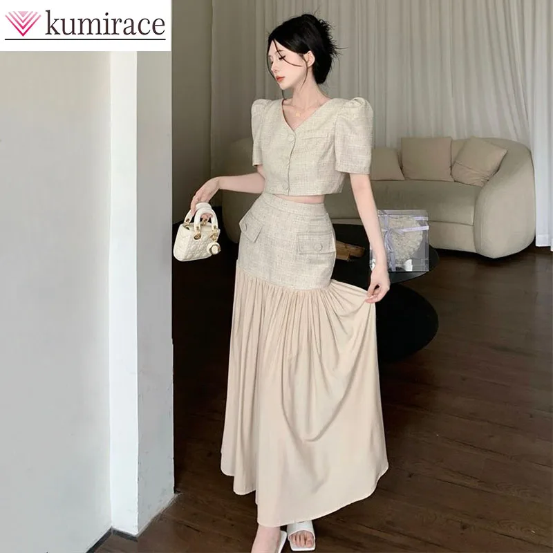 Set of women's V-neck short sleeved short jacket top elegant women's autumn new patchwork half length skirt two-piece set