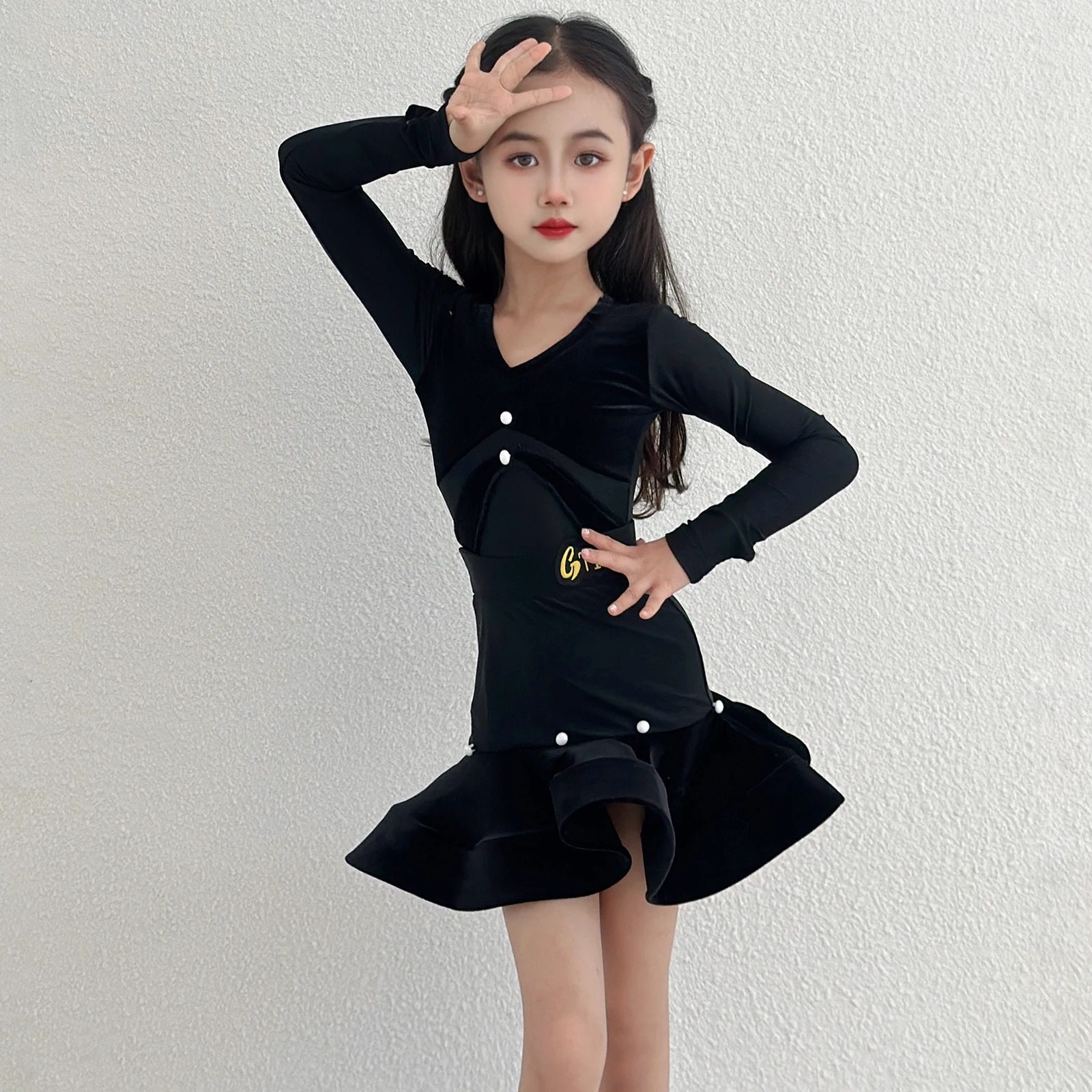 Novos trajes de meninas dança latina manga longa com decote em v divisão terno saia superior chacha samba dança prática desempenho vestindo dql12119