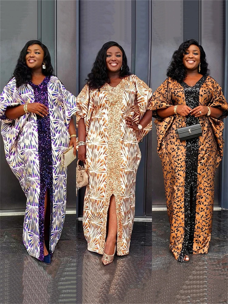 

Muslim Patchwork Printed Robe, African Loose Printed Sequined V-neck Dress