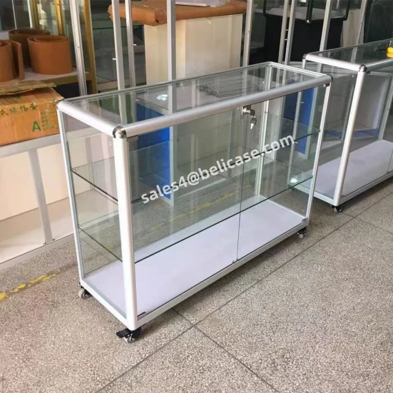 （customized）Shop Glass Showcase Display FullGlass Counter with Lights Thick Aluminum Frame Display Cases Smo