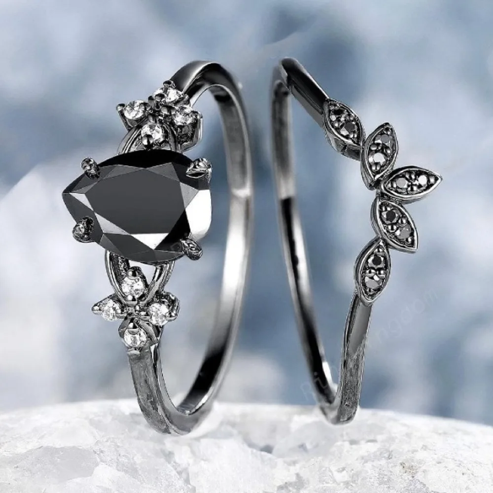2pcs Set Fashion Personality Gun Black Flower Water Drop Zircon Couple Rings for Women Men Valentine's Day Trendy Charm Jewelry