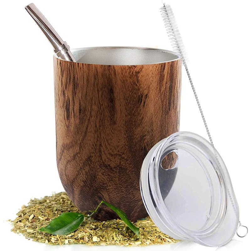 Yerba Mate Gourd Tea Cup Set 12Oz,Double-Wall Stainless Coffee Water Filter Spoon&Brush Cup with Lid 1 Bombillas Straws