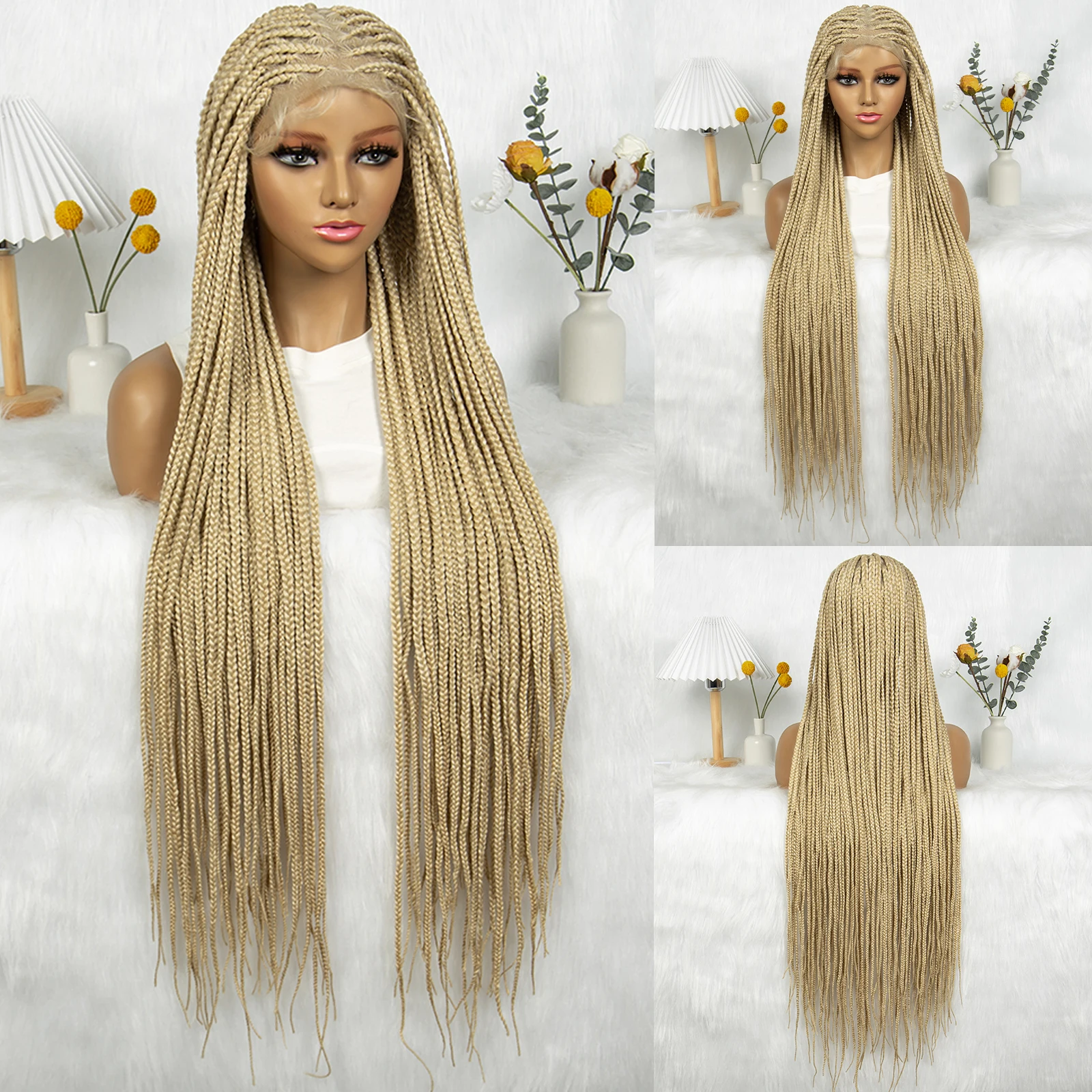 Synthetic Transparent HD Knotless Box Full Lace Braided Wigs For Black Women Crochet Braid Braiding Hair Ginger 350# Blonde 613#