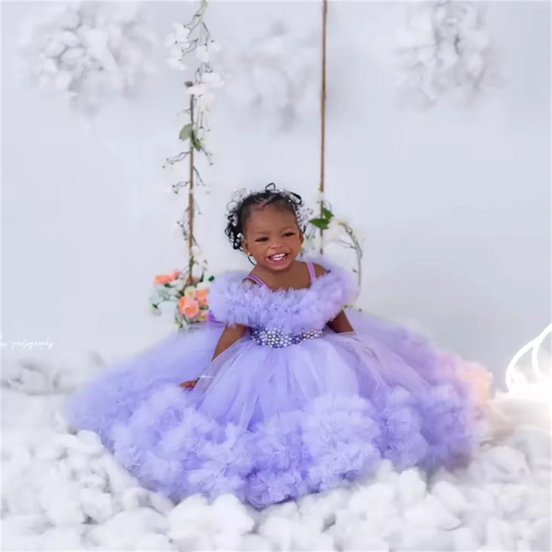 

Lavender Pearls Little Girls Birthday Party Dresses Customized Ruffles Purple Flower Girl Dresses Baby Kids Pageant Gowns