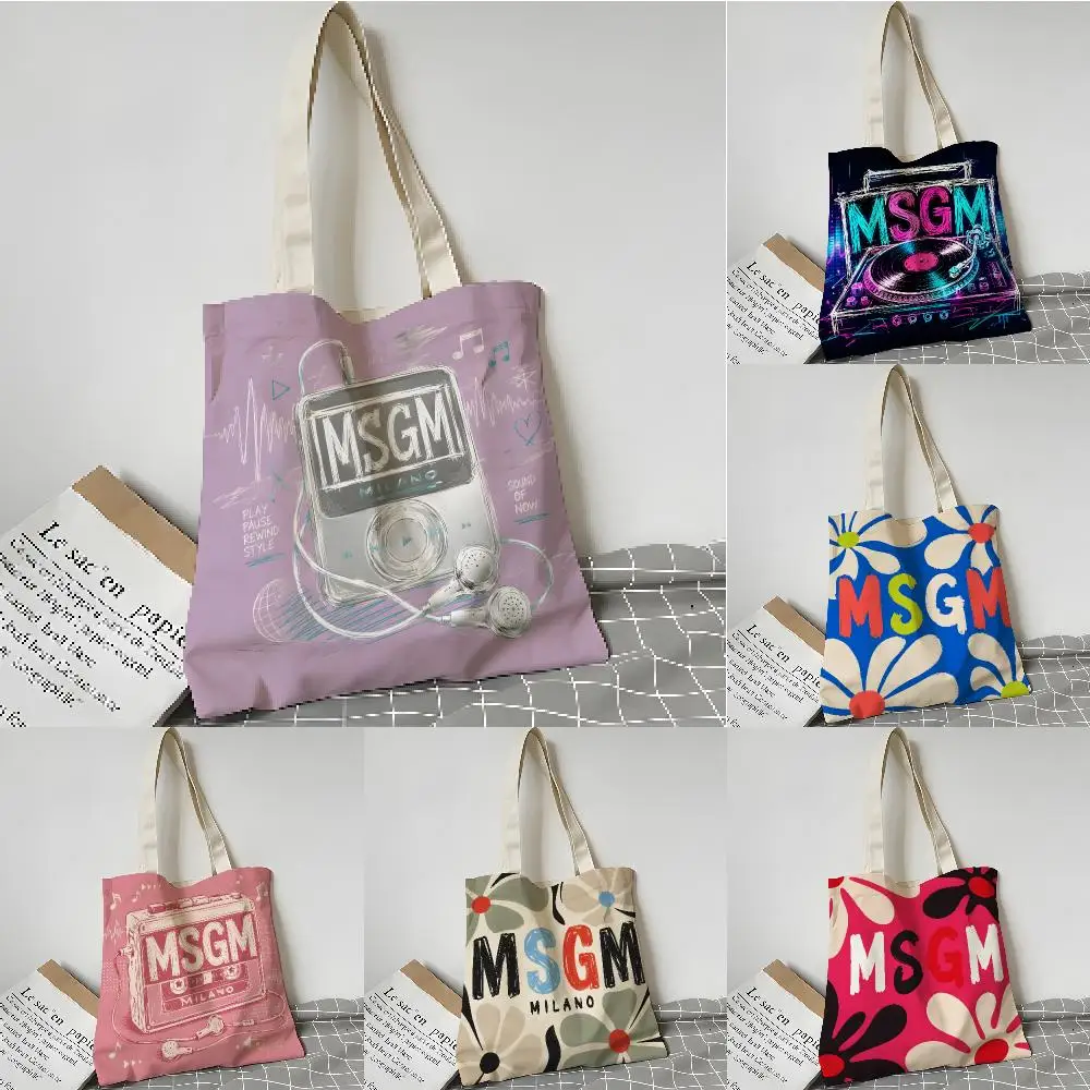 Bright eye-catching Print M-MSGM Storage Bags Double-Sided Print Canvas Tote Bag Fashion Large Capacity Women's Shoulder Handbag