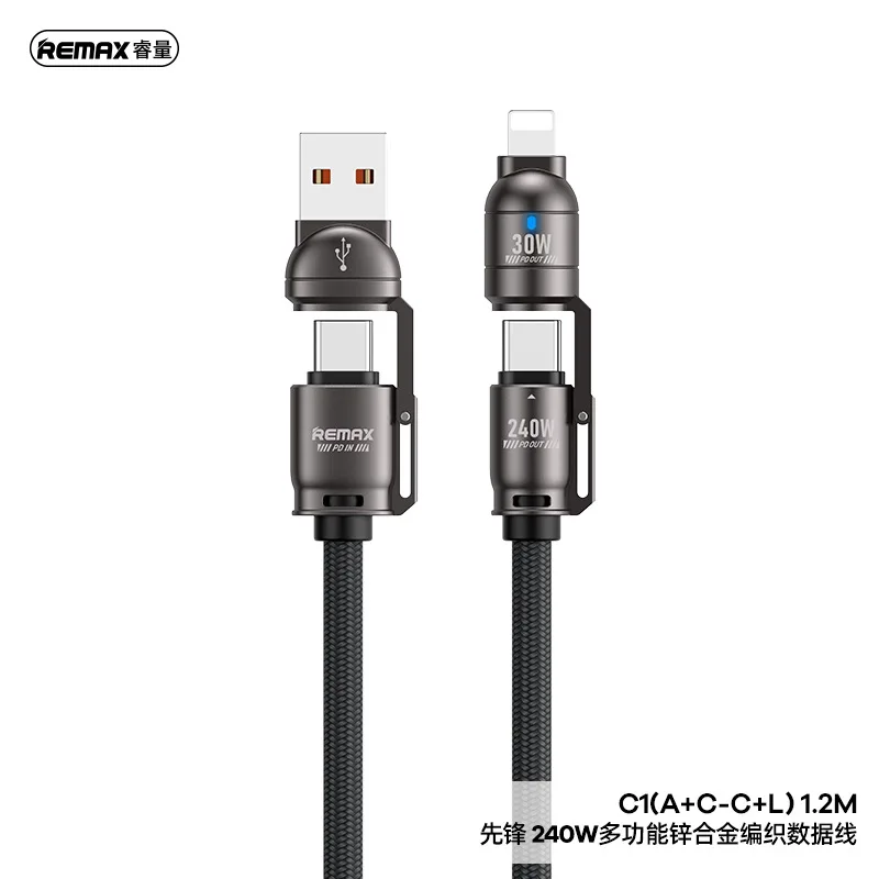 REMAX 4‑in‑1 C1(A+C-C+L) 1.2M Charging Cable, Nylon Braided Multi‑Interface Charging Cord USB‑A Type‑C Lightning
