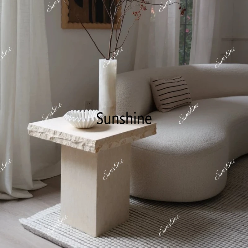 

French white small coffee table marble square edge table living room sofa stone corner table