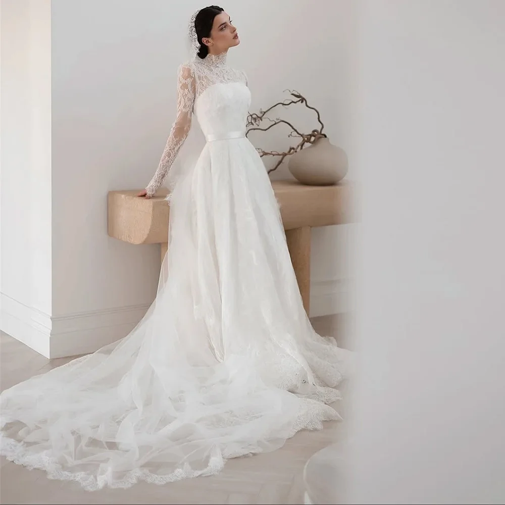

Modern High Collar A-Line Wedding Dress Customized Dreamy Appliques Lace Bridal Gowns Charming Long Sleeves Vestido De Novia