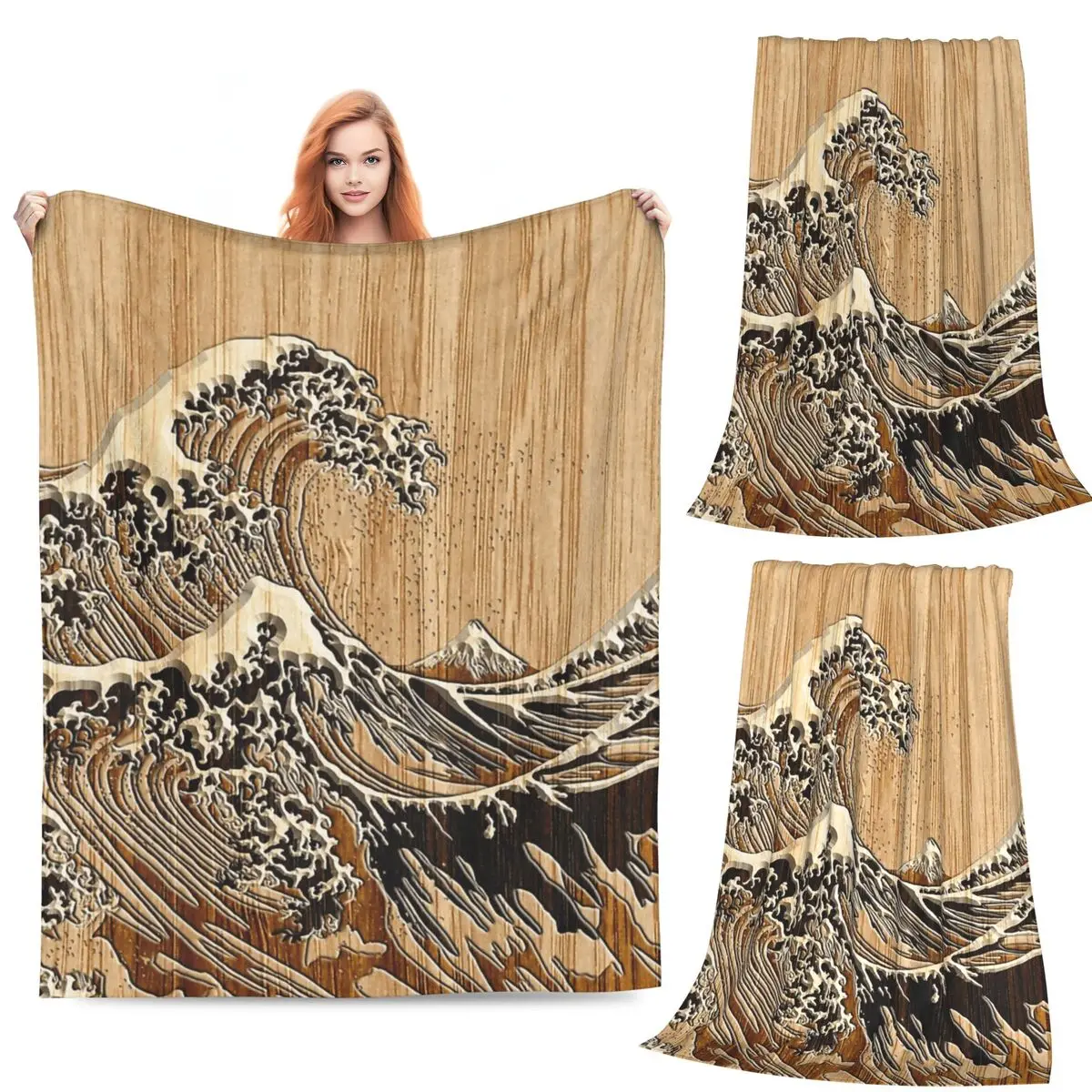 

The Great Hokusai Wave In Bamboo Inlay Style Blankets Flannel Throw Blankets for Home Bedroom Outdoor Throws Bedspread Quilt