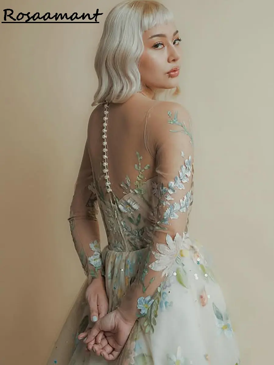 Colorful Floral Appliques Lace A-Line Wedding Dresses Illusion O-Neck Long Sleeve Country Bridal Gowns