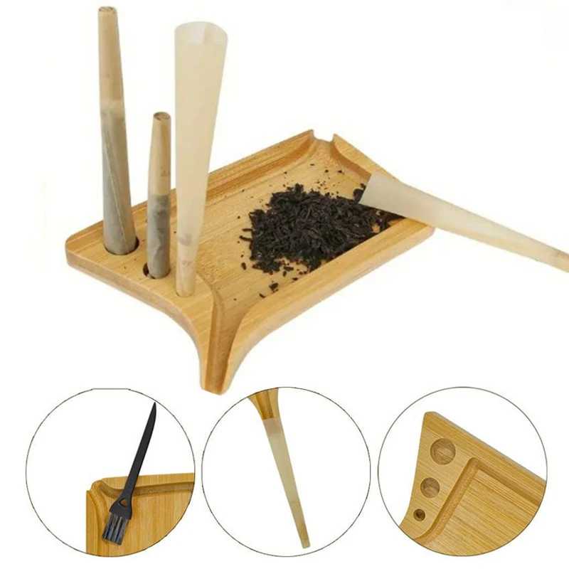Bandeja de bambú para liar tabaco y hierbas con embudo, herramienta para cargar conos, bandejas de madera multiusos, accesorios para fumar