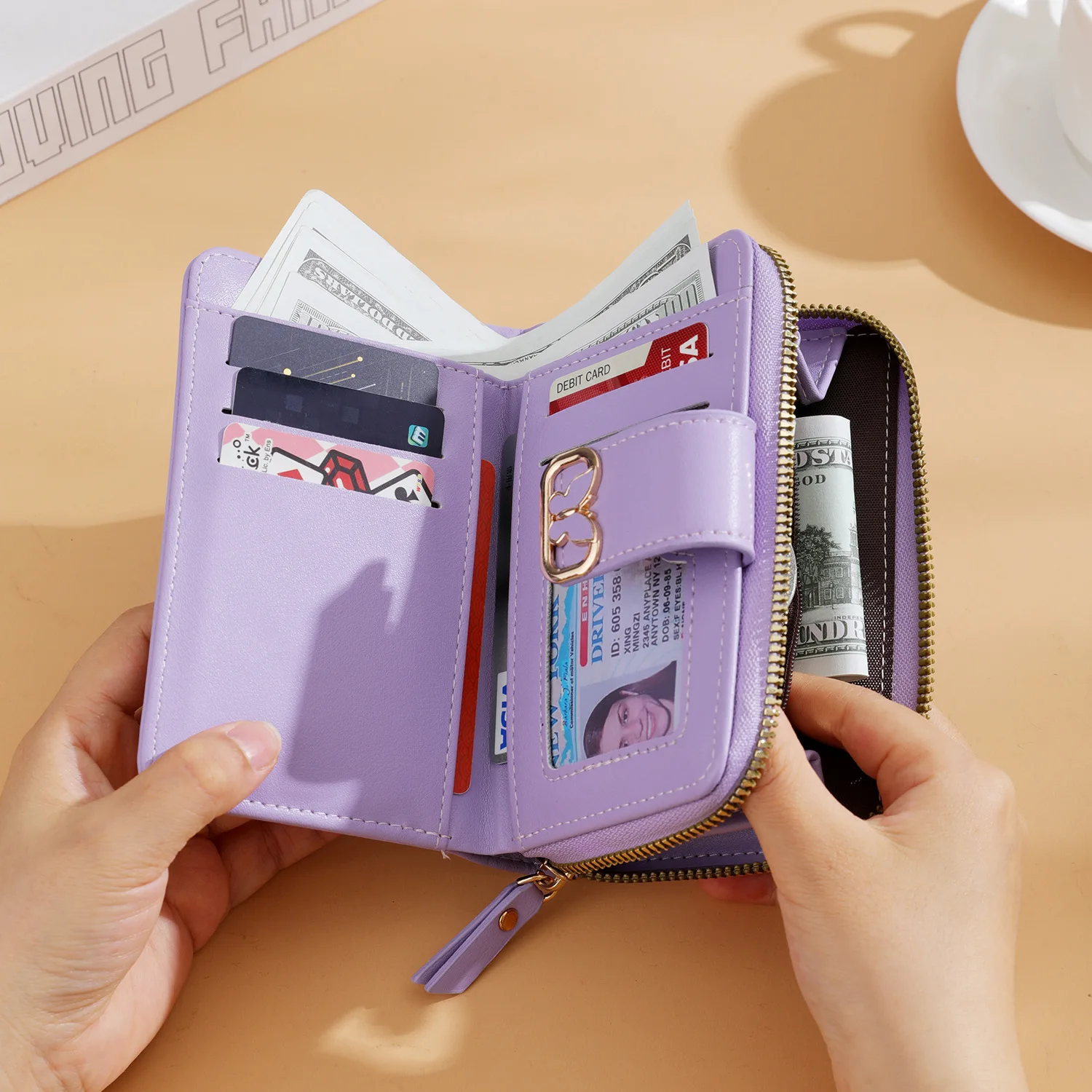 Women Short PU Leather Wallet Butterfly Metal Buckle Multi Card Slots ID Window Zipper Coin Purse Ladies Clutch Card Holder