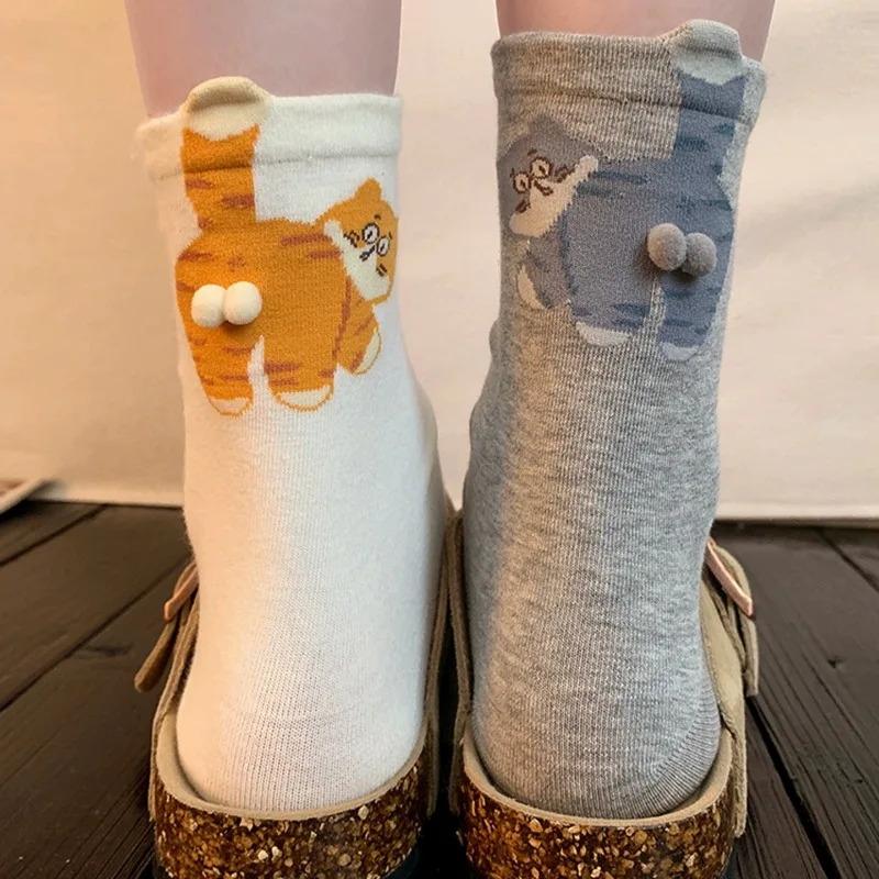 1/3 أزواج مضحك القط بعقب البيض الجوارب النساء الكرتون القط القطن مزيج منتصف جوارب أنبوبية لطيف الحيوان طباعة الجدة طاقم جوارب الجوارب #2