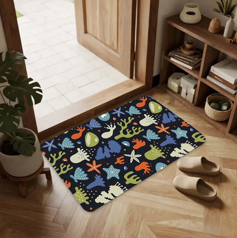 Marine Life Floor Doormat Fun Cartoon Non Slip Indoor Carpet Mat Coastal Themed Home Decoration Entryway Living Room Area Rug