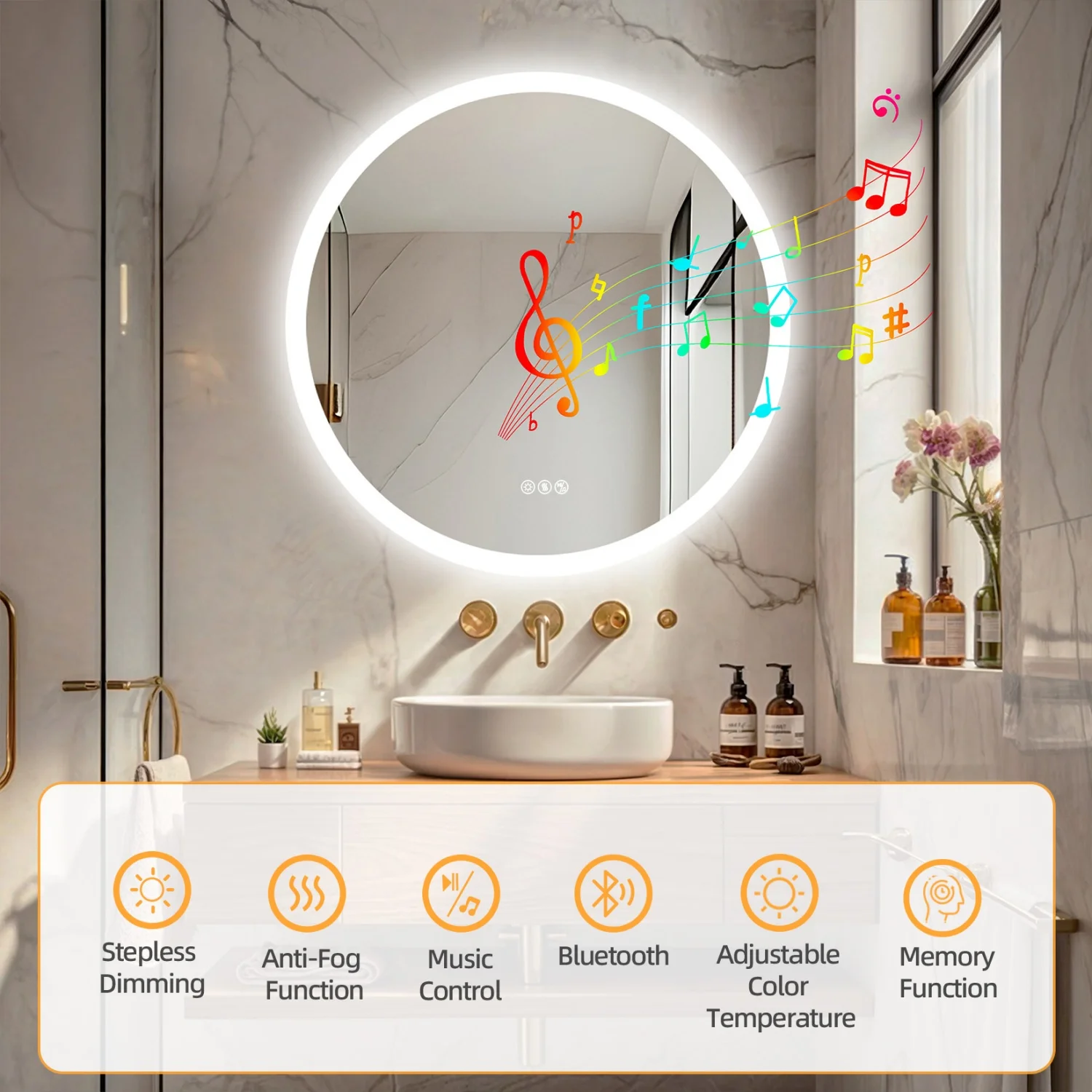 블루투스 스피커가 장착된 80CM LED 욕실 거울, 김서림 방지, 3가지 색온도, 파손 방지 백라이트 벽 화장대 거울